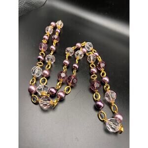 KJL Kenneth Jay Lane gold tone violet clear beads &  faux pearl necklace 44"